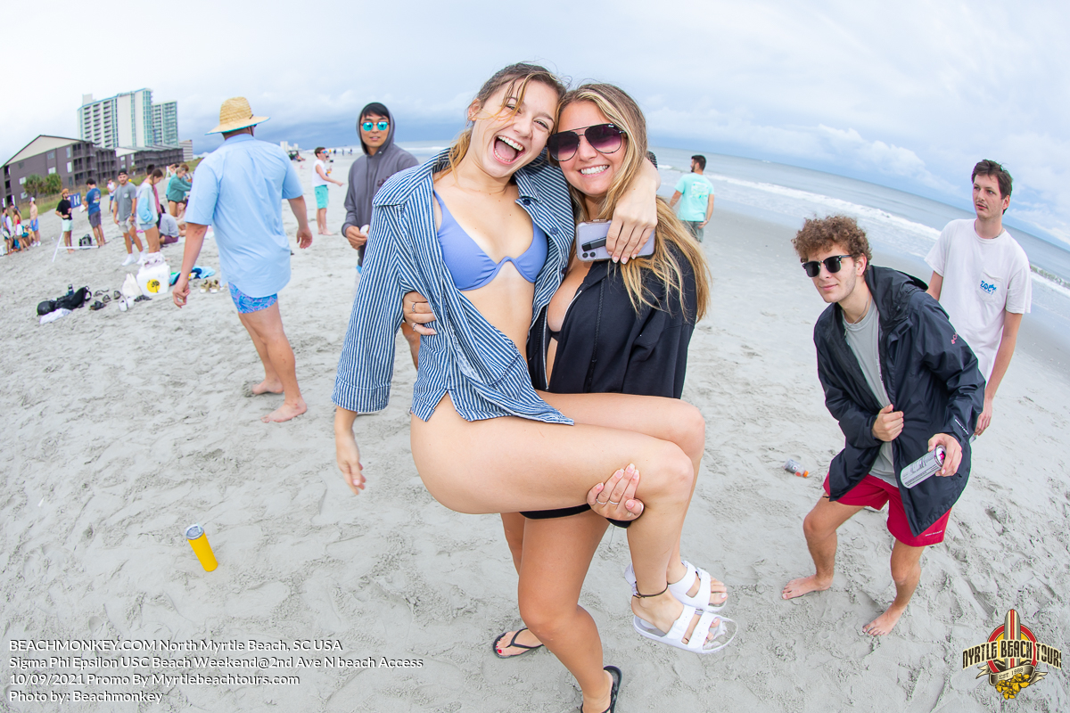 two hot sorority girls in bikinis Beach Party photography of Sigma Phi Epsilon USC Beach Weekend October 9th, 2021 In North Myrtle Beach, SC Photos by Myrtle Beach photographer Beachmonkey