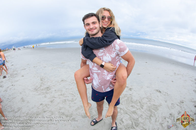 fun couple Beach Party photography of Sigma Phi Epsilon USC Beach Weekend October 9th, 2021 In North Myrtle Beach, SC Photos by Myrtle Beach photographer Beachmonkey