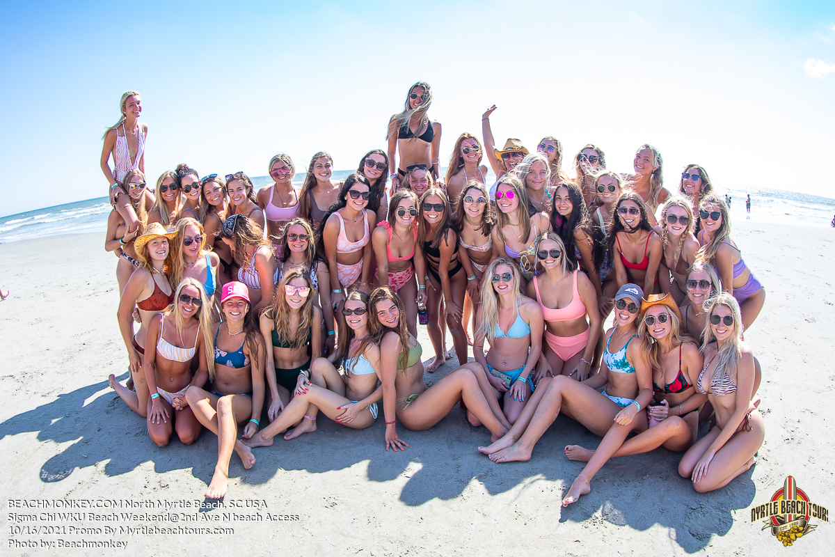 giant group of hot sorority girls in bikinis Sigma Chi WKU Fraternity Beach Weekend North Myrtle Beach, SC sponsored by Myrtlebeachtours.com Oct 16th 2021 Photos by Myrtle Beach photographer Beachmonkey