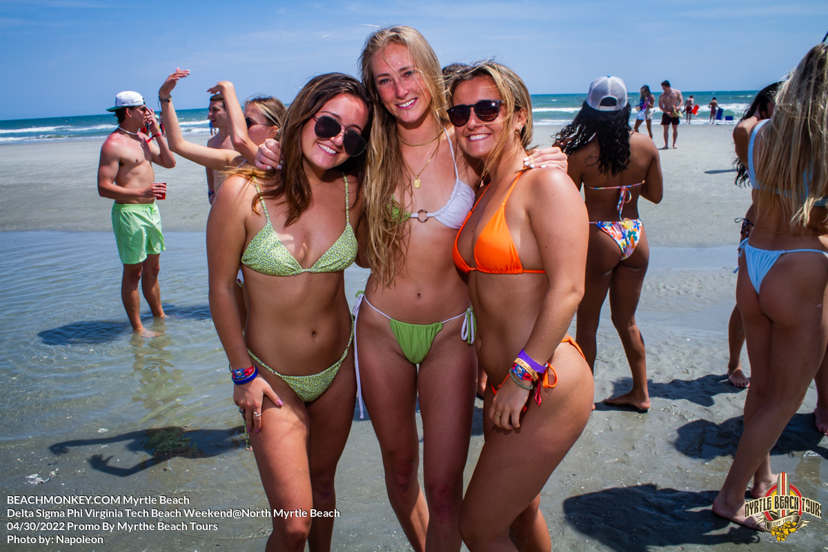 three hot sorority girls Delta Sigma Phi Virginia Tech Fraternity Beach Weekend in North Myrtle Beach, SC USA sponsored by Myrtlebeachtours.com April 30th 2022 Photos by Napoleon
