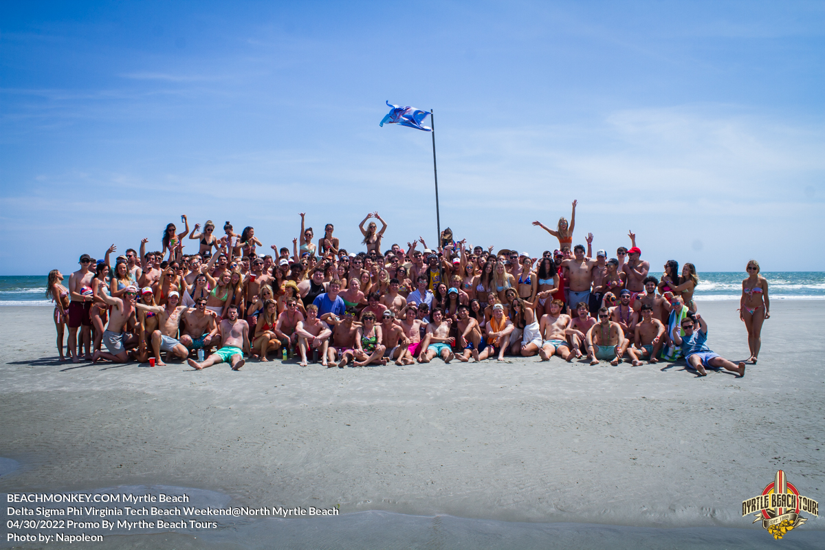 group photo Delta Sigma Phi Virginia Tech Fraternity Beach Weekend in North Myrtle Beach, SC USA sponsored by Myrtlebeachtours.com April 30th 2022 Photos by Napoleon