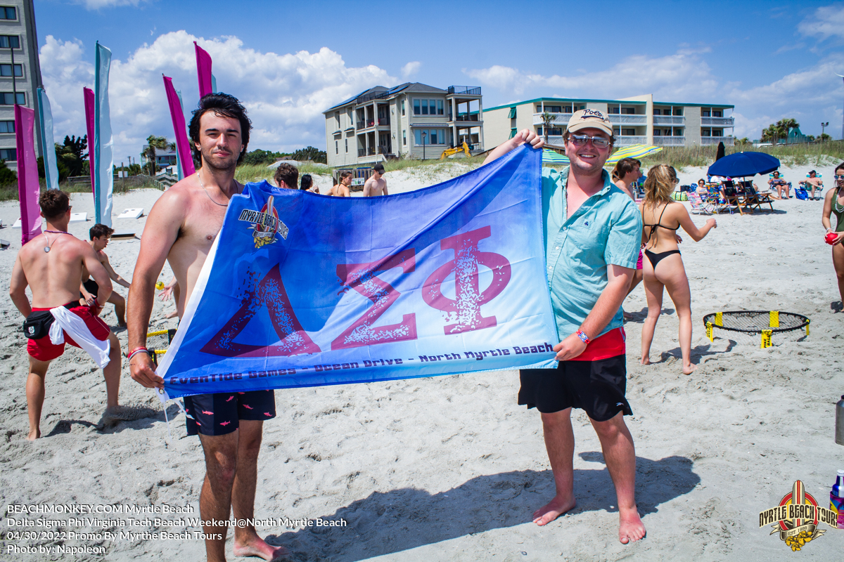 two brothers with delta sigma phi flag Delta Sigma Phi Virginia Tech Fraternity Beach Weekend in North Myrtle Beach, SC USA sponsored by Myrtlebeachtours.com April 30th 2022 Photos by Napoleon