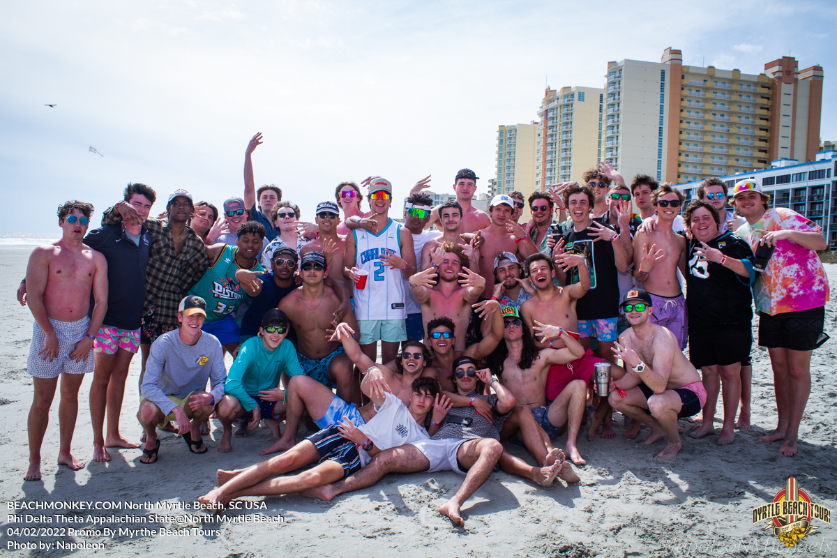 group photo of Phi Delta Theta Appalachian State Fraternity Beach Weekend in North Myrtle Beach, SC USA sponsored by Myrtlebeachtours.com April 9th 2022 Photos by Napoleon