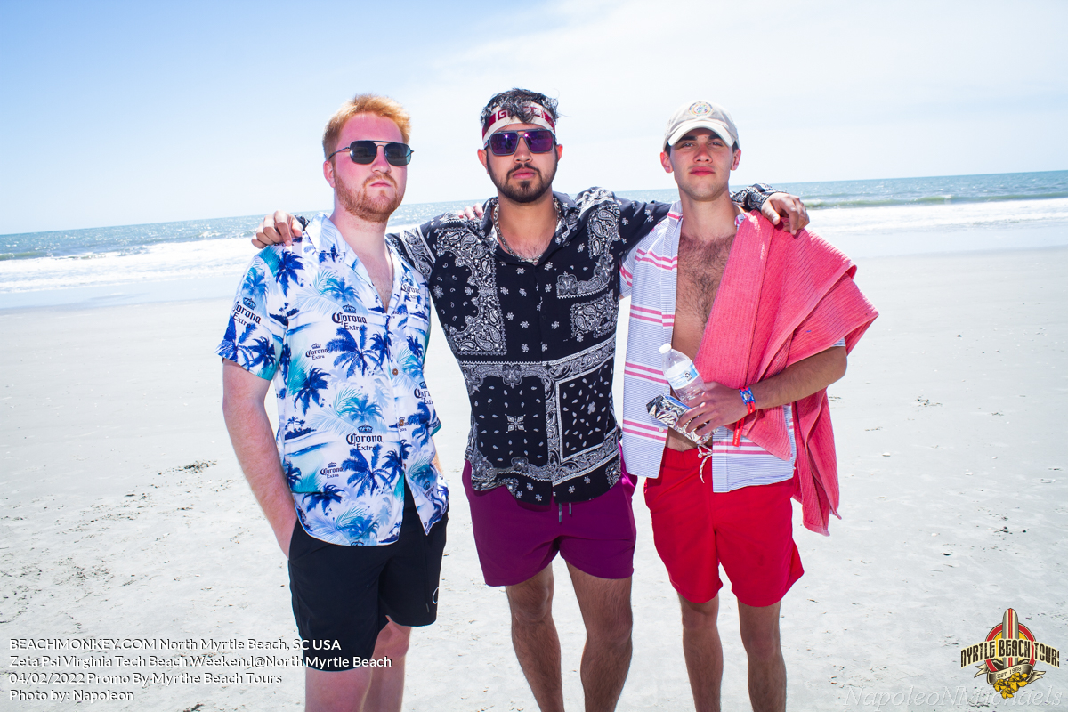 three fraternity brothers Zeta Psi Virginia Tech Fraternity Beach Weekend in North Myrtle Beach, SC USA sponsored by Myrtlebeachtours.com April 2nd 2022 Photos by Photographer Napoleon