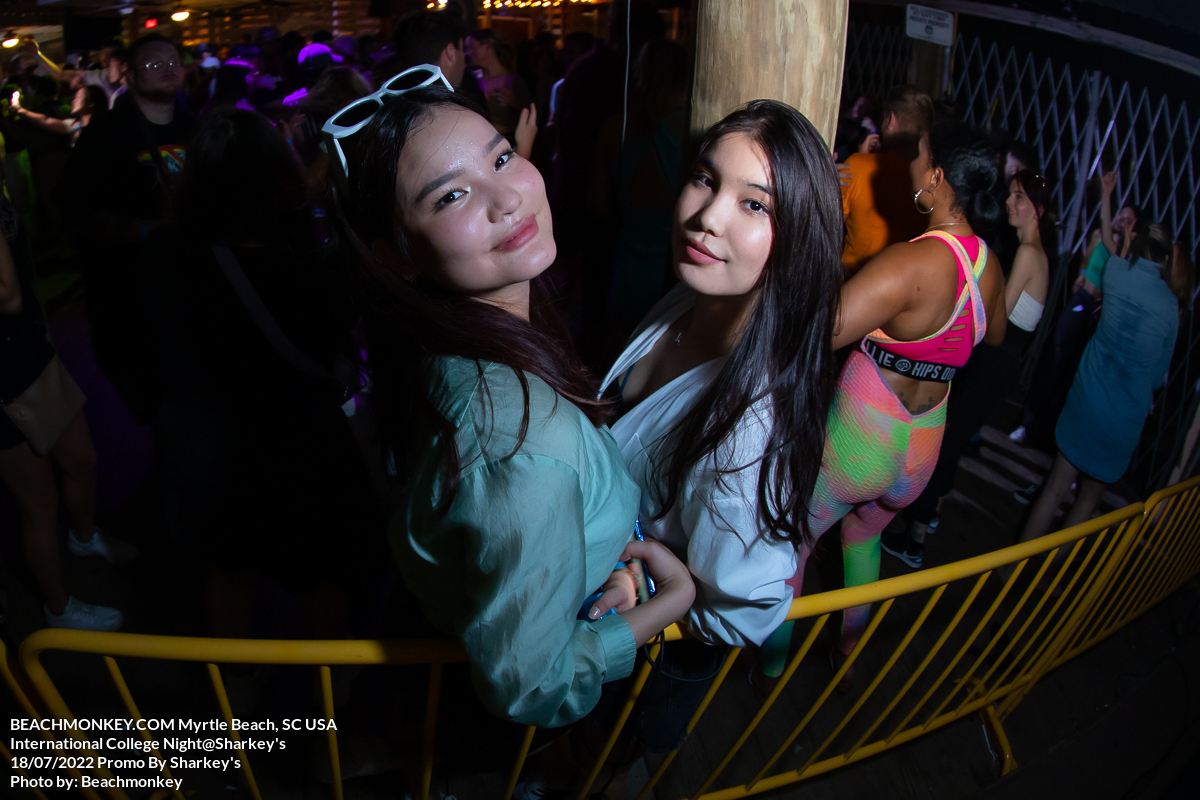 two beautiful girls from Kazkhastan at International College Nights at the Sharkey's Bar in Myrtle Beach, SC USA on july 18th, 2022 photos by Myrtle Beach photographer Beachmonkey
