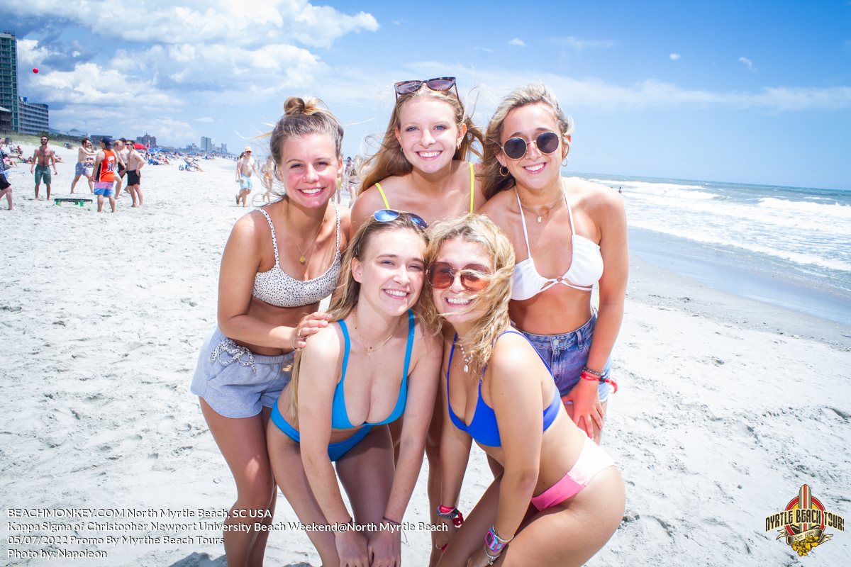 five hot girls at the Phi Gamma Delta of Christopher Newport University Beach Weekend in North Myrtle Beach, SC USA sponsored by Myrtlebeachtours.com May 9 2022 Photos by Napoleon