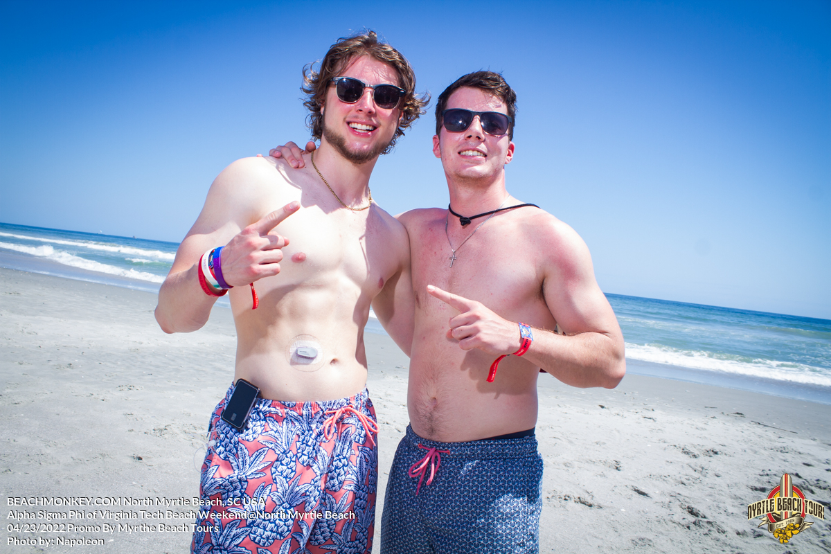 two frat bros Alpha Sigma Phi Virginia Tech Fraternity Beach Weekend in North Myrtle Beach, SC USA sponsored by Myrtlebeachtours.com April 23rd 2022 Photos by Napoleon