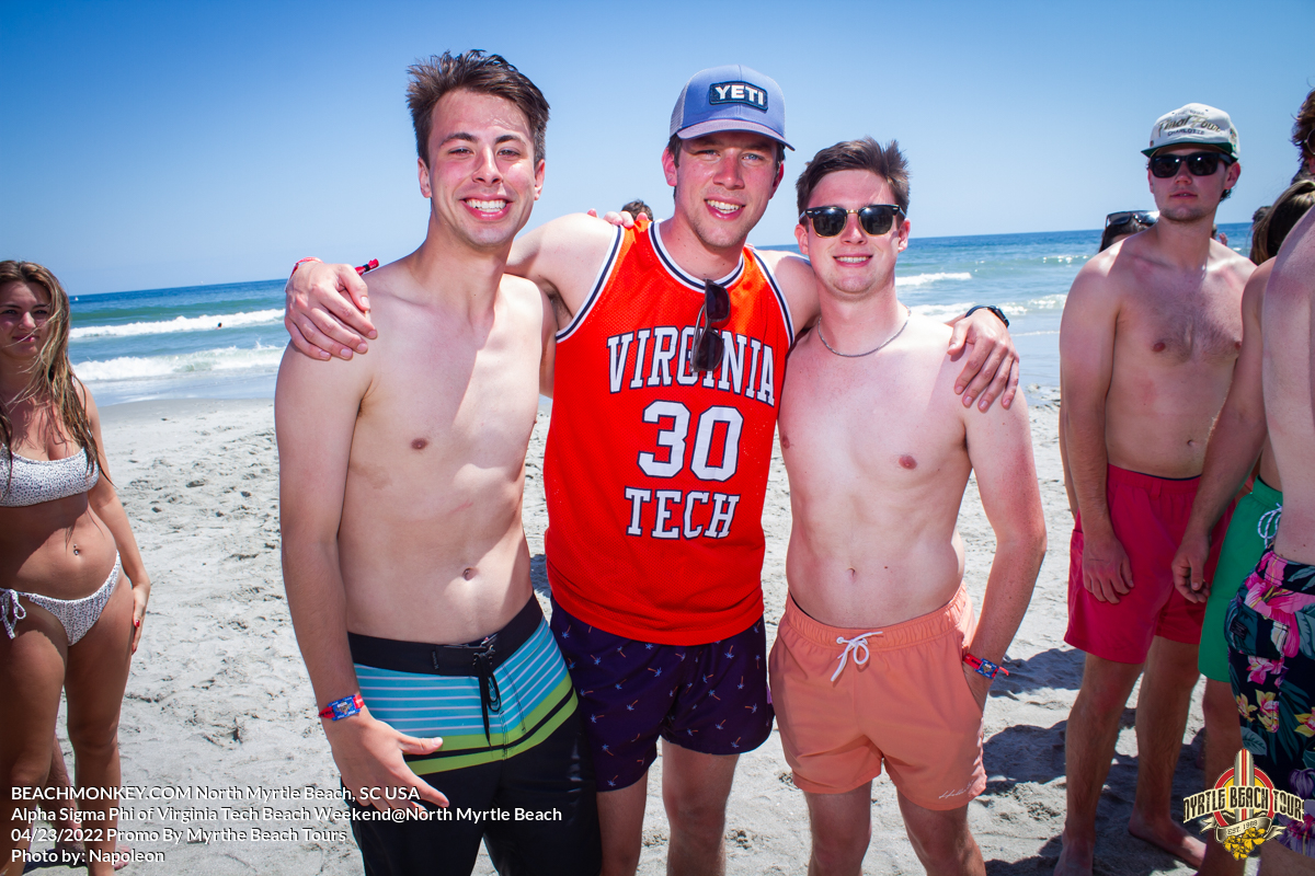 three fraternity brothers Alpha Sigma Phi Virginia Tech Fraternity Beach Weekend in North Myrtle Beach, SC USA sponsored by Myrtlebeachtours.com April 23rd 2022 Photos by Napoleon