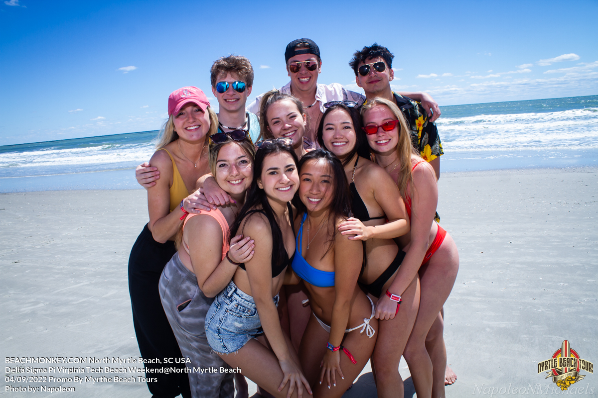 happy college students Delta Sigma Pi Virginia Tech Fraternity Beach Weekend in North Myrtle Beach, SC USA sponsored by Myrtlebeachtours.com April 9th 2022 Photos by Napoleon