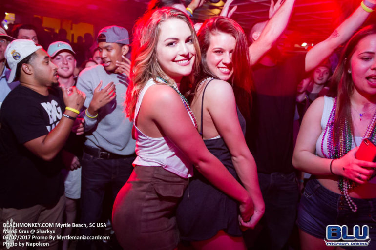 two hot girls Nightlife photography at Mardi Gras at sharkeys on March 7th, 2017 in Myrtle Beach, SC by Myrtle maniac Card Photos by Myrtle Beach photographer Napoleon