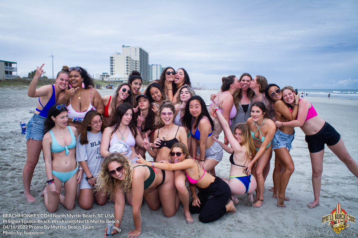 group photo of girls going crazy Pi Sigma Epsilon Fraternity Beach Weekend in North Myrtle Beach, SC USA sponsored by Myrtlebeachtours.com April 16th 2022 Photos by Napoleon