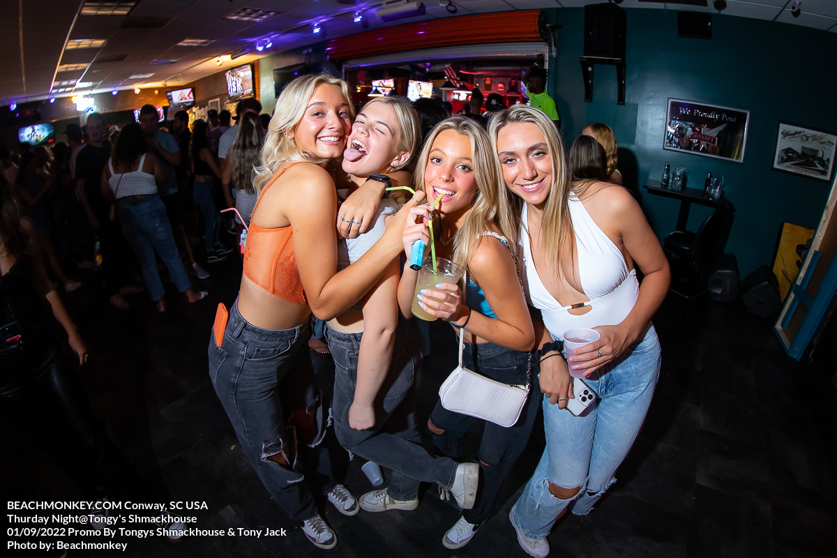 four pretty girls at Tongys Shmackhouse for Thursday night on Sept 1st 2022 in Conway, SC USA photos  by Myrtle Beach photographer Beachmonkey