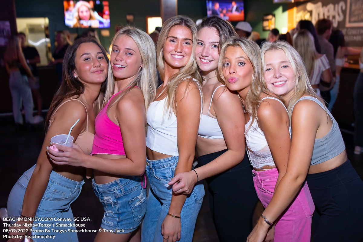 six beautiful sorority girls at Tongys Shmackhouse for Thursday night on Sept 8th 2022 in Conway, SC USA photos by Myrtle Beach photographer Beachmonkey