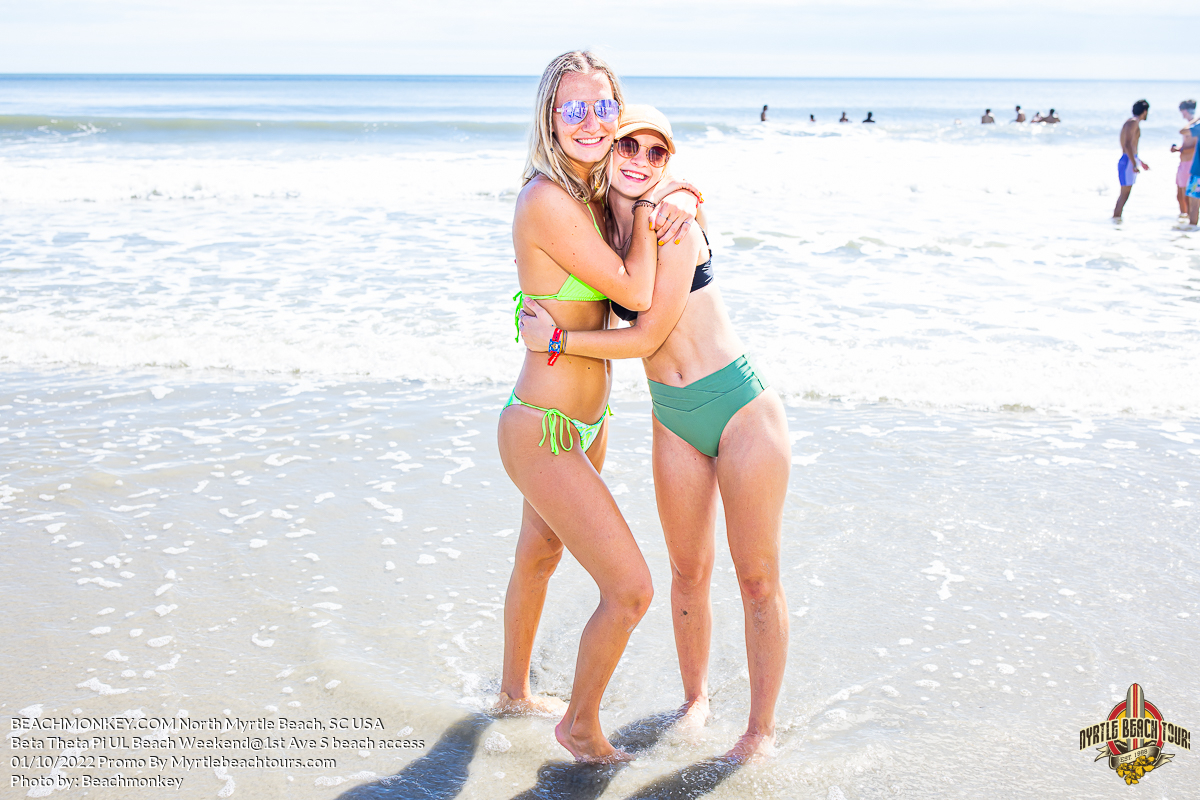 two hot sorority girls in bikinis Beta Theta Pi U of Louisville Fraternity Beach Weekend North Myrtle Beach, SC USA sponsored by Myrtlebeachtours.com October 1st 2022 Photos by Beachmonkey a Myrtle Beach photographer