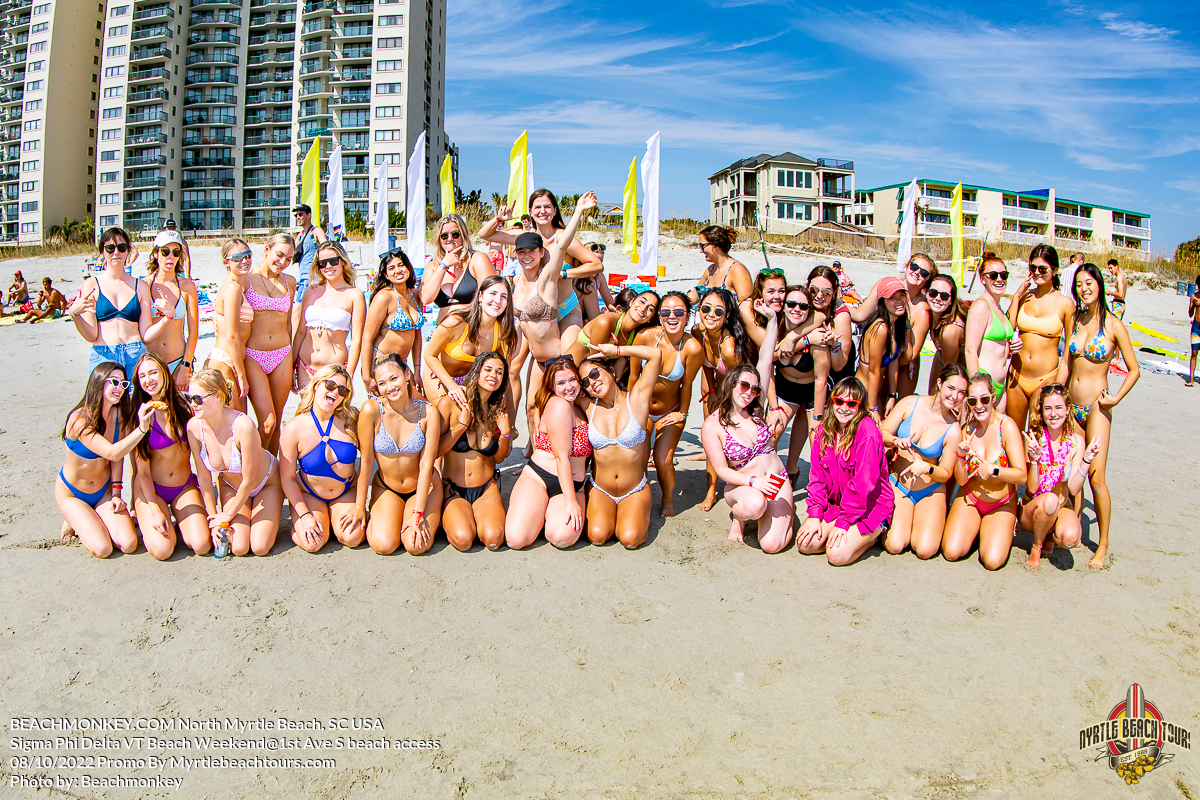 large group photo of sorority girls in bikinis Sigma Phi Delta Virginia Tech Fraternity Beach Weekend North Myrtle Beach, SC USA sponsored by Myrtlebeachtours.com October 8th 2022 Photos by Beachmonkey