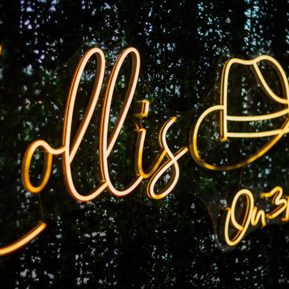 Orange neon cursive sign glowing against a dark leafy background, close-up.